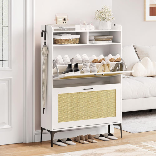 Slim Rattan White Shoe Cabinet with Flip Drawers & Open Shelves 80x24x114cm