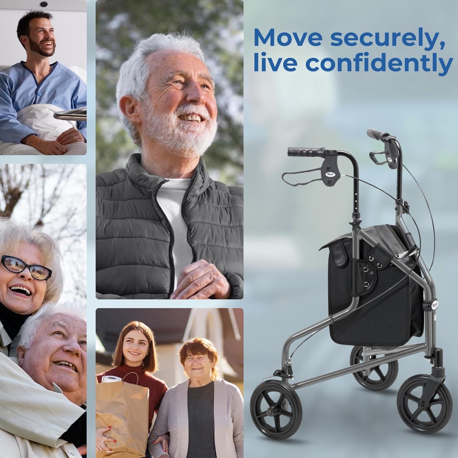 Lightweight Tri Rollator Walker Adjustable Height Brakes Carry Bag