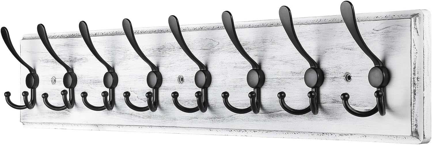 Grey Wooden Wall Mounted Coat Rack | 8 Hook Heavy Duty Hanger for Hallway