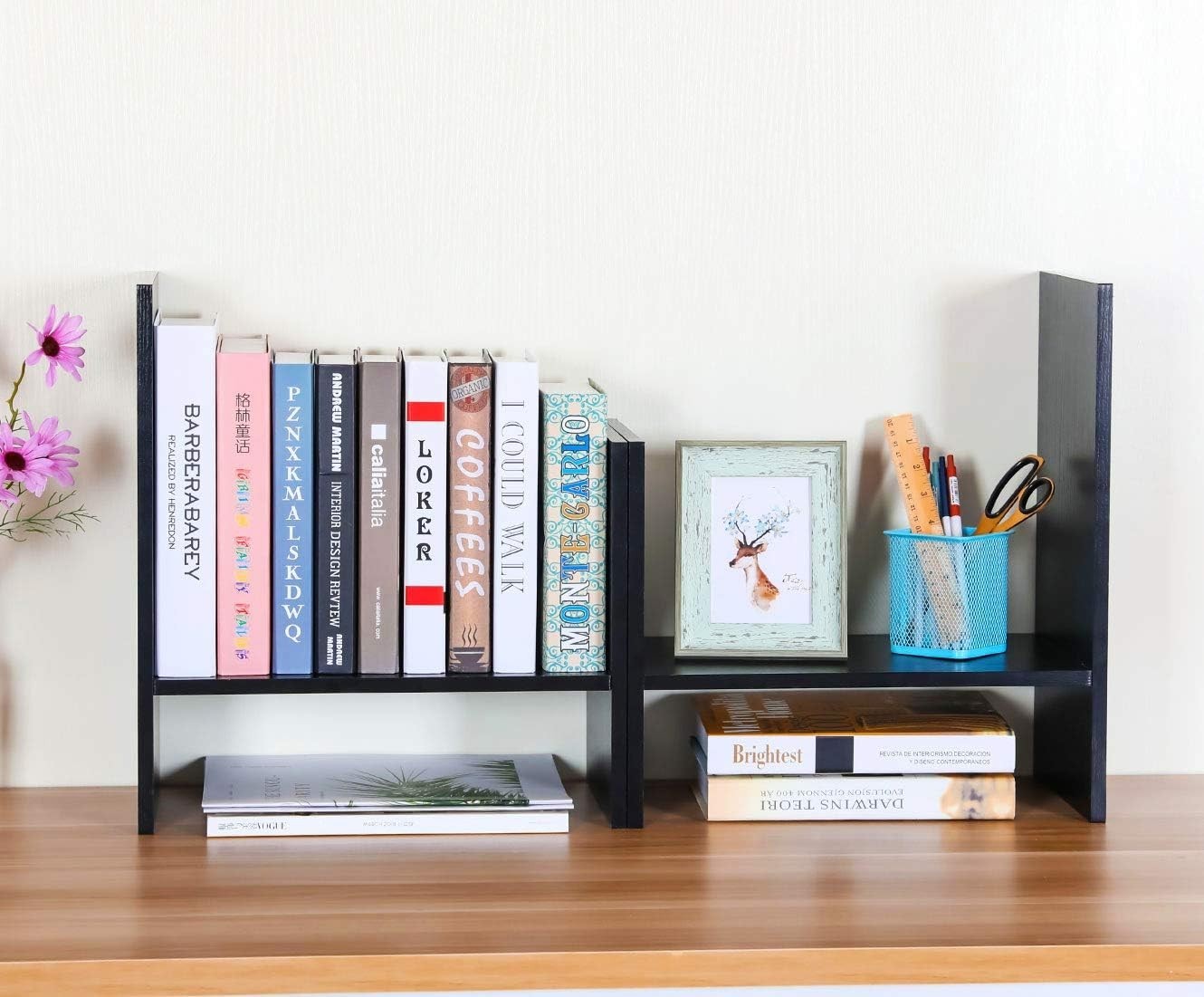 Adjustable Black Wood Desktop Bookshelf 3-Tier Space-Saving Desk Organizer