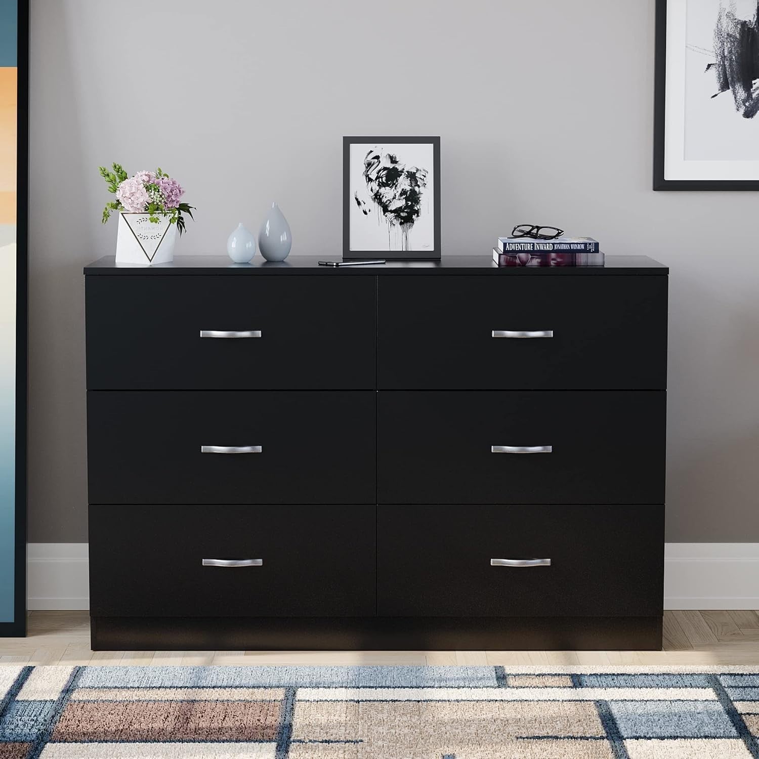 Black 6 Drawer Wide Chest Bedroom Storage Cabinet Unit Modern