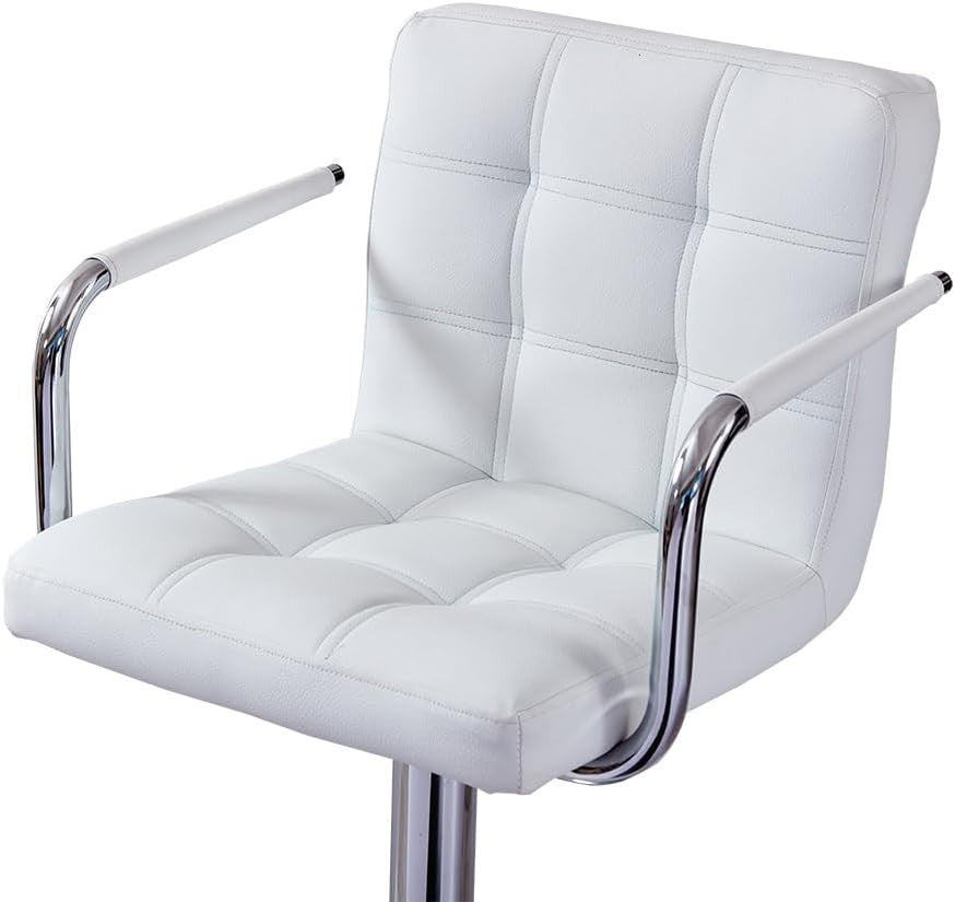 White Faux Leather Adjustable Swivel Bar Stool with Armrest