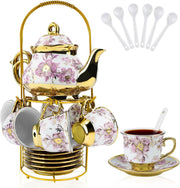 20Pc Purple Porcelain Tea Set Gold Floral Teapot Cups Saucers Stand