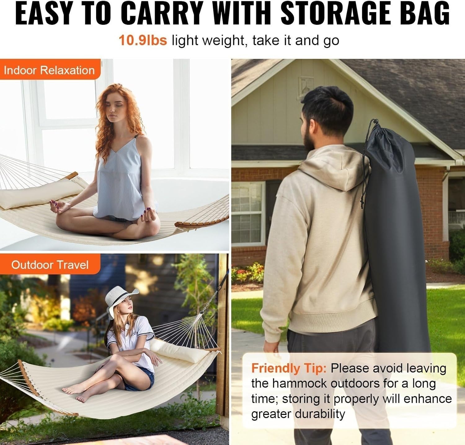 Luxury Quilted Hammock for 2 w/ Pillow & Spreader Bar – Indoor Outdoor