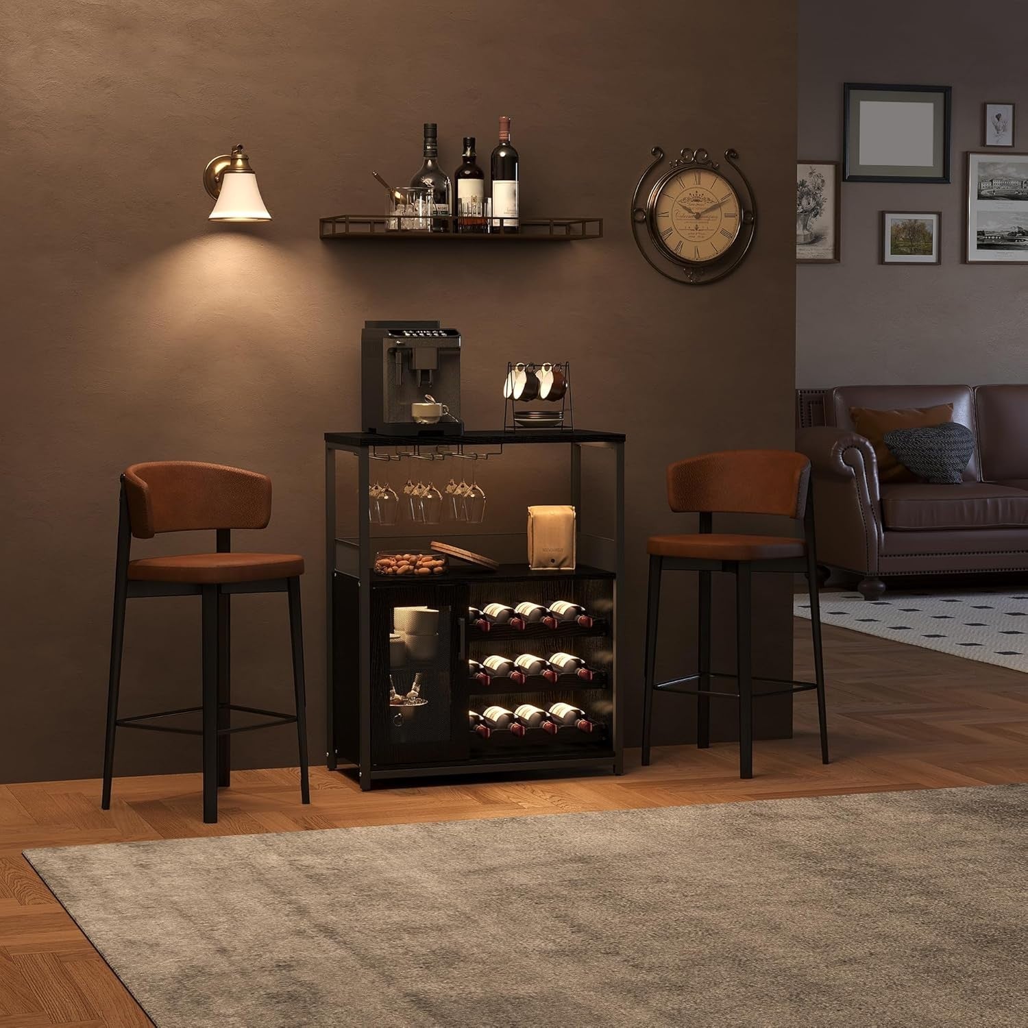 Black Industrial Wine Bar Cabinet with 12 Bottle Rack & Glass Holder, 69x35x92cm