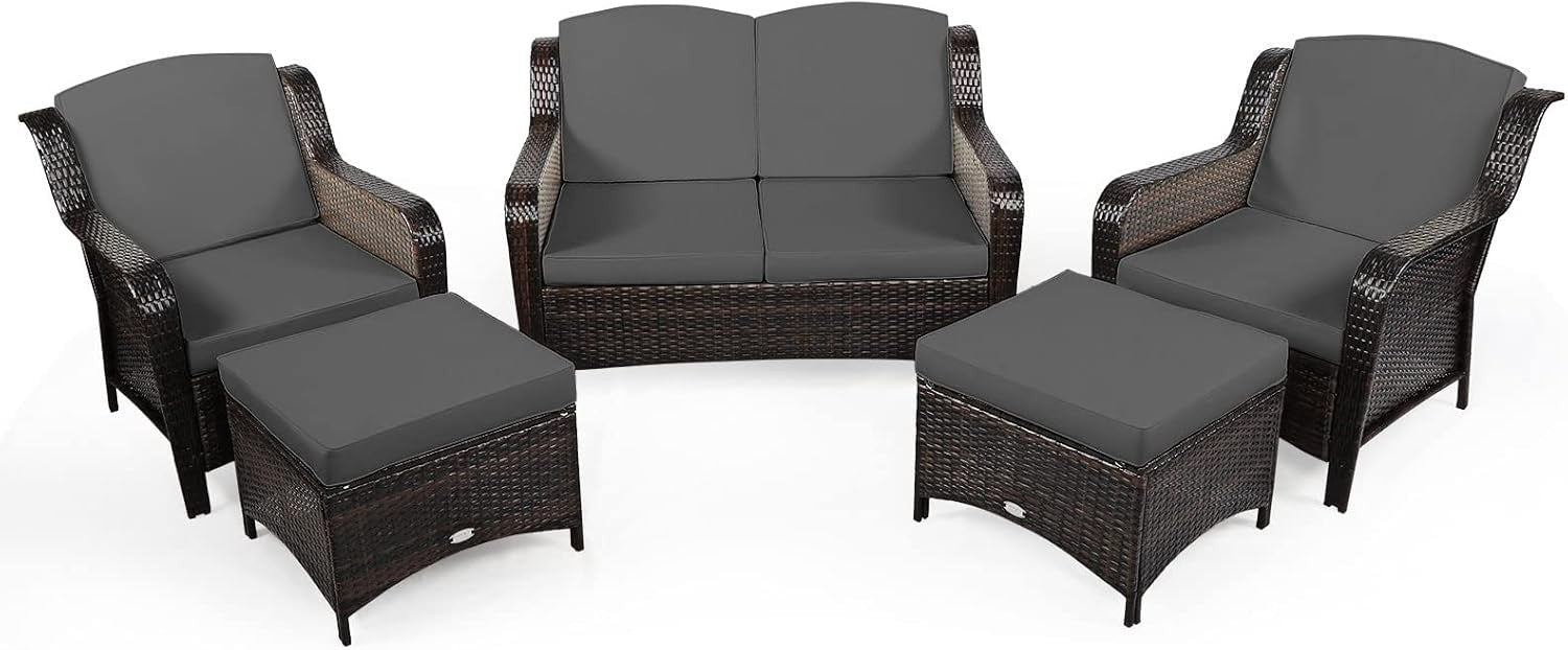 5-Piece Outdoor Rattan Patio Set with Loveseat, Sofas & Ottomans Grey