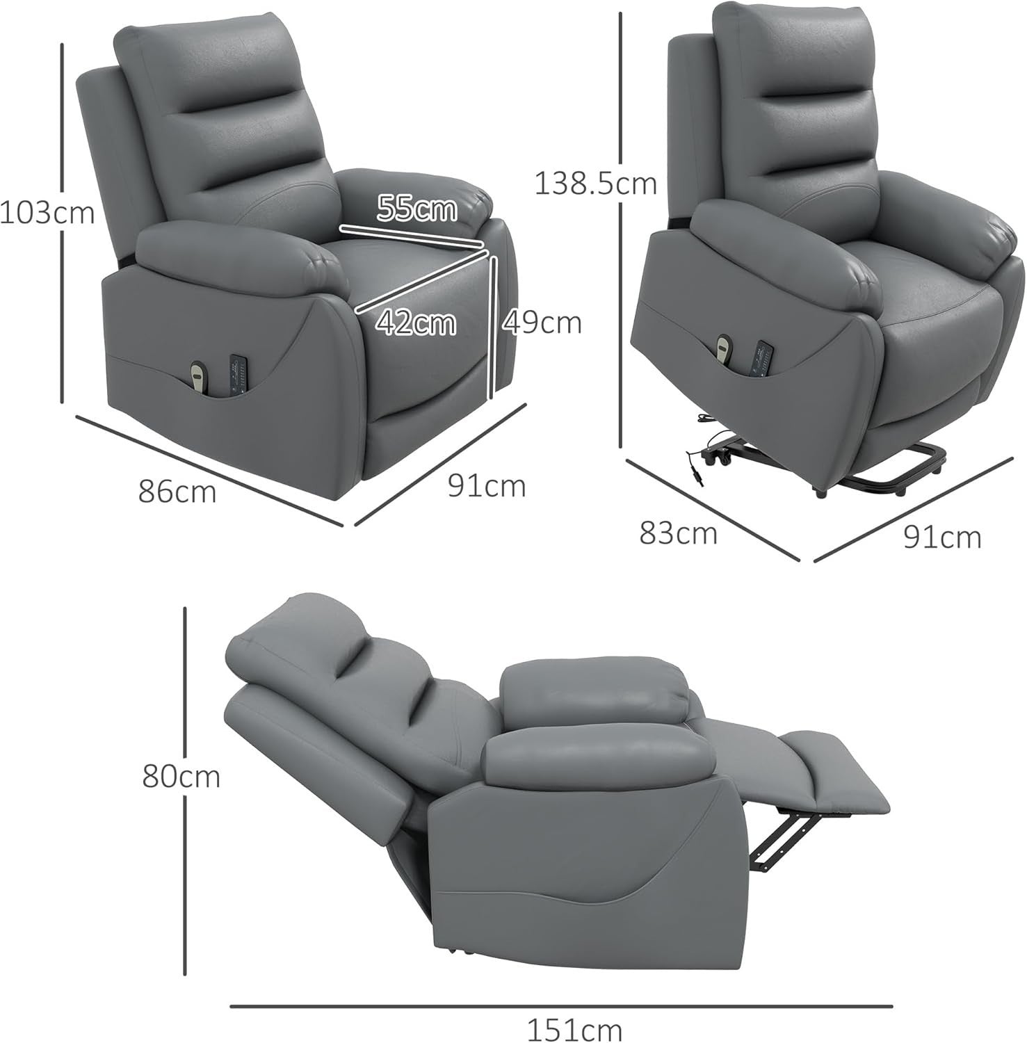 Power Lift Recliner Chair Massage Heat PU Leather 135° Recline w/ Footrest Grey