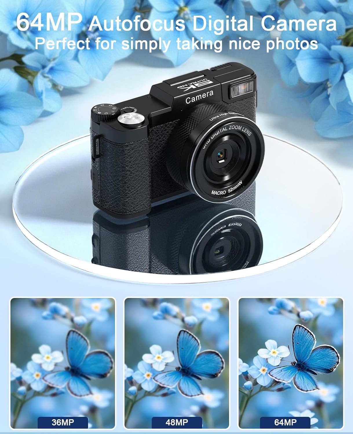 5K 64MP Vlogging Camera WiFi Flip Screen w/ 64GB Card & Lens