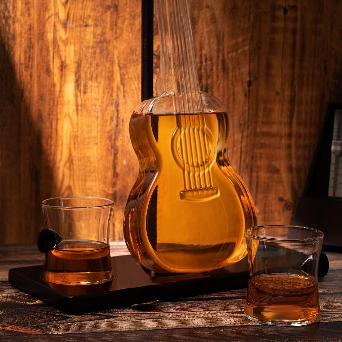 Guitar Whiskey Decanter 1L with Mahogany Base & 2 Glasses Music Lover Gift