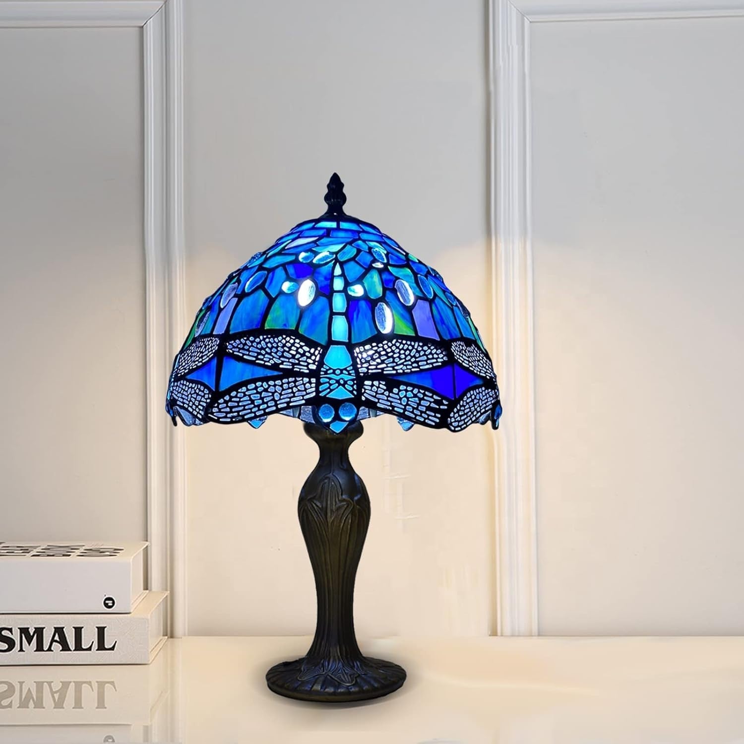 Tiffany Style Table Lamp Blue Dragonfly Stained Glass Antique 42cm E27