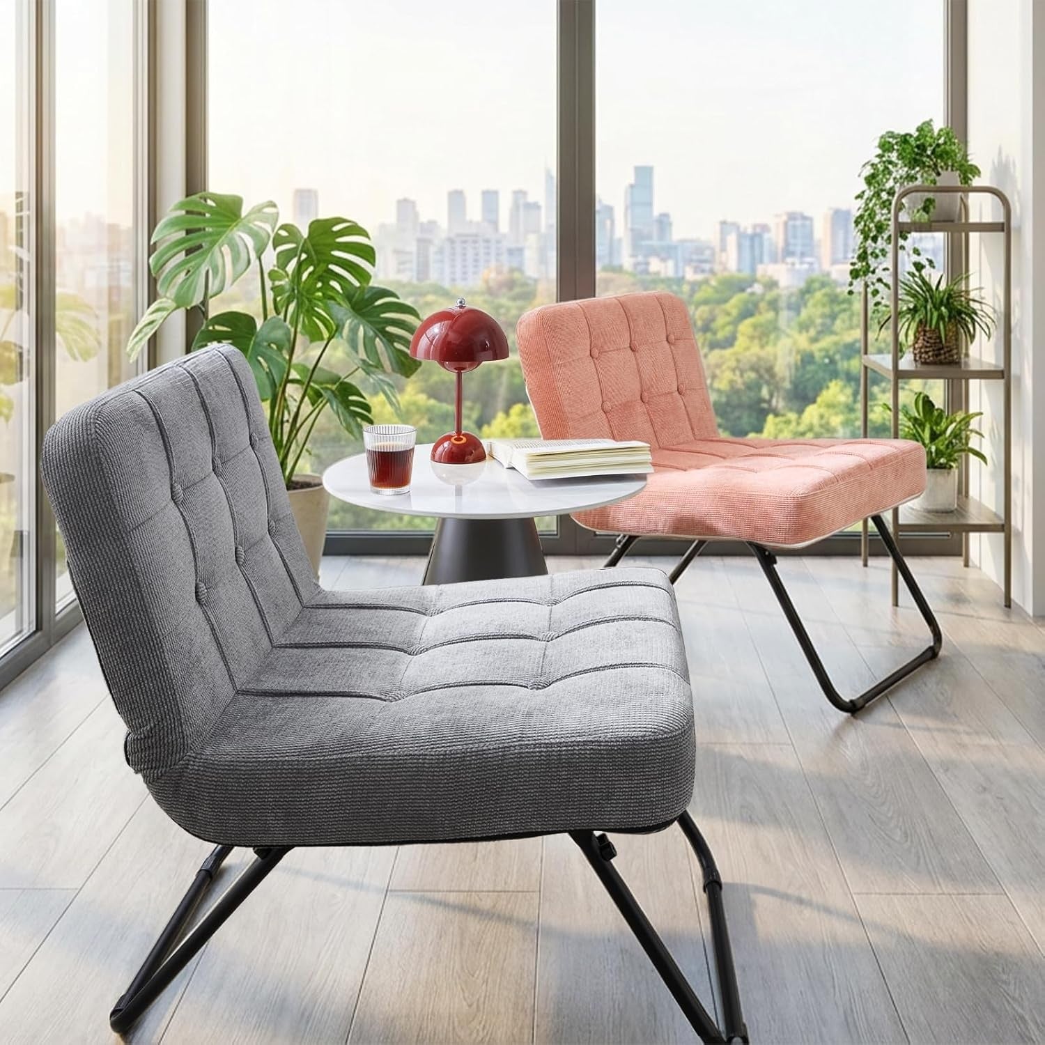 Folding Accent Chair Corduroy Lounge Seat Metal Legs Grey