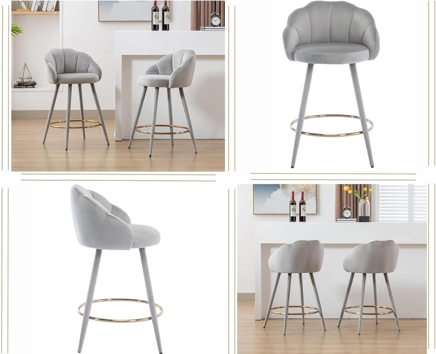 Gray Velvet Bar Stools Set of 2 Modern Kitchen Counter Breakfast Chairs