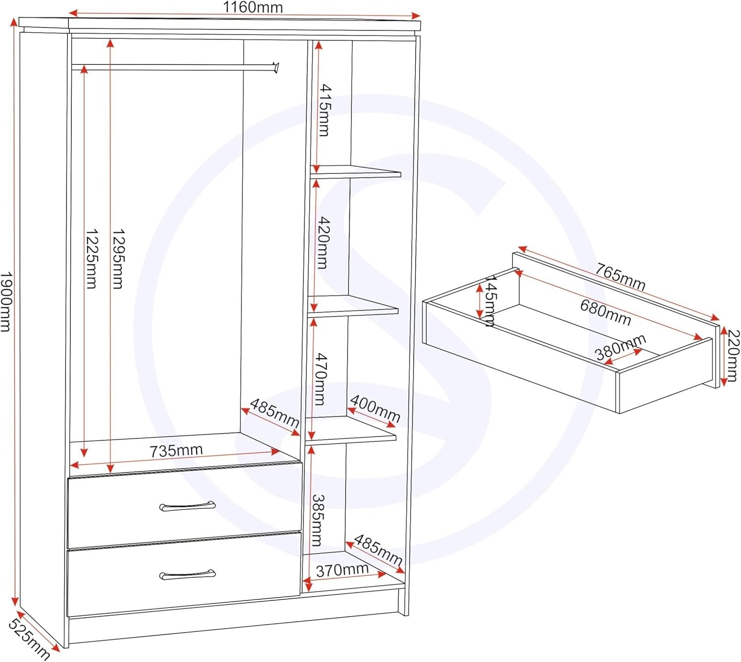 3 Door Wardrobe Oak Effect Mirror Sliding Hinged Storage Drawers Modern