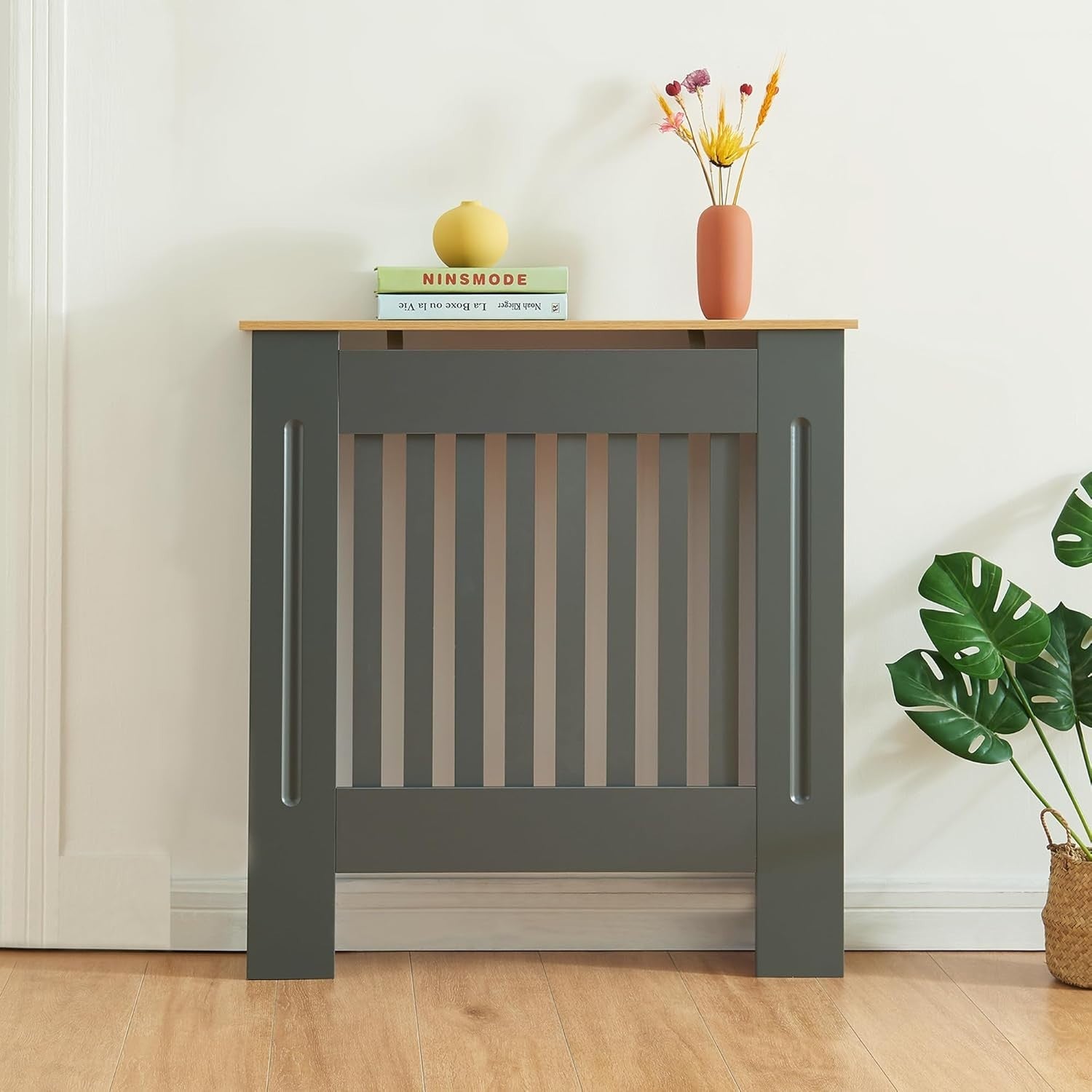 Modern Grey Radiator Cover Small Slatted Wood Cabinet 78cm Heating Cover