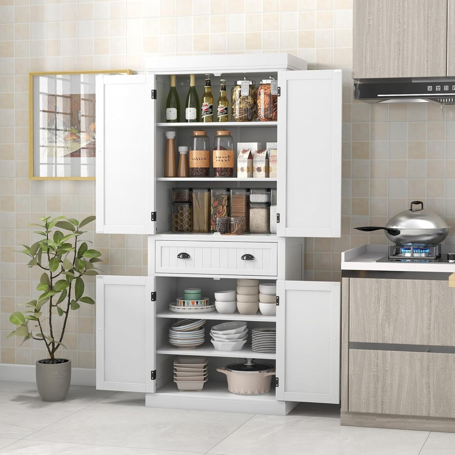 White Tall Kitchen Cupboard 183cm Pantry Storage Cabinet Drawer Shelves