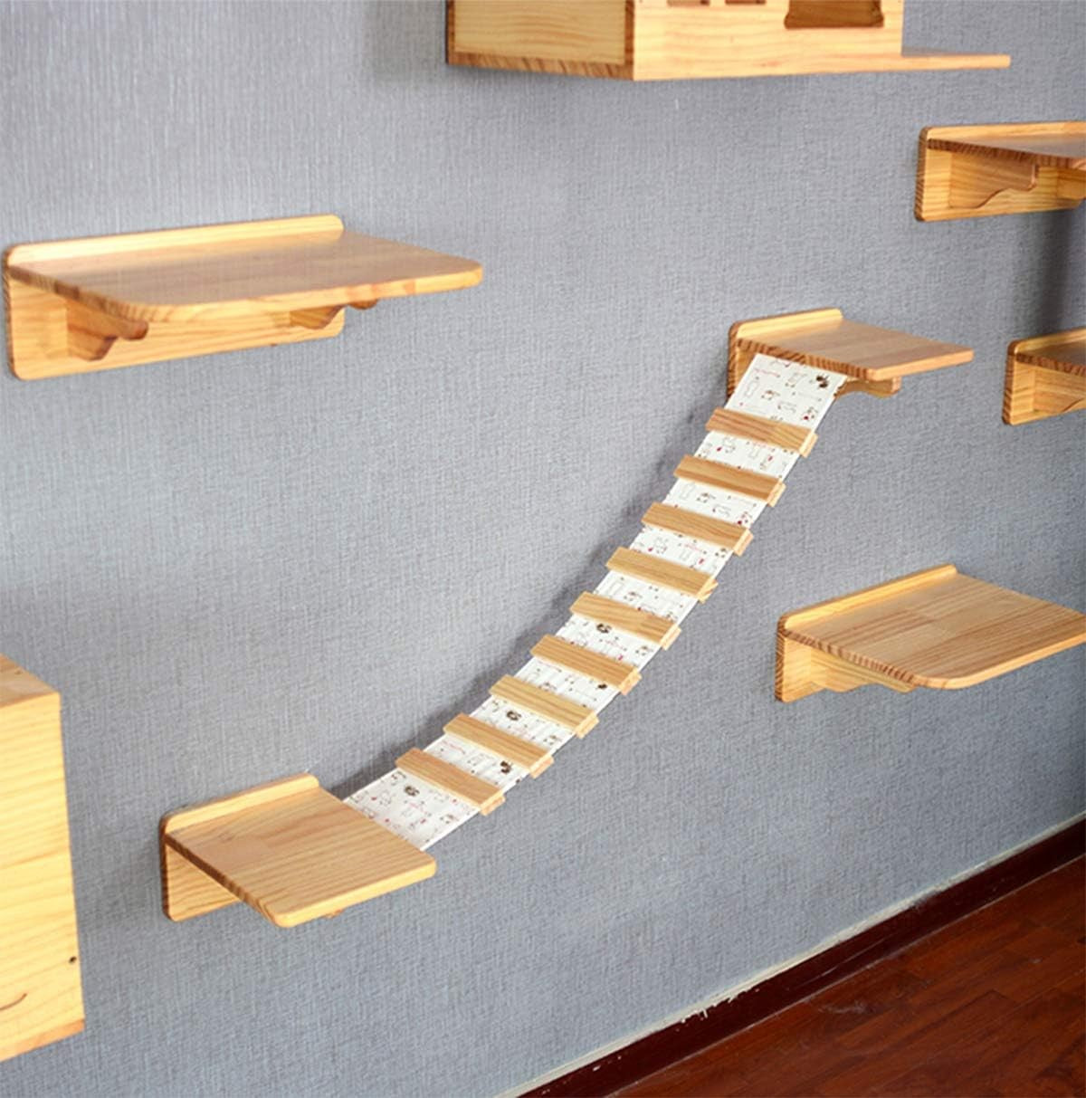 Wall Mounted Cat Climbing Ladder Shelves Wooden Perch Platform Natural Wood