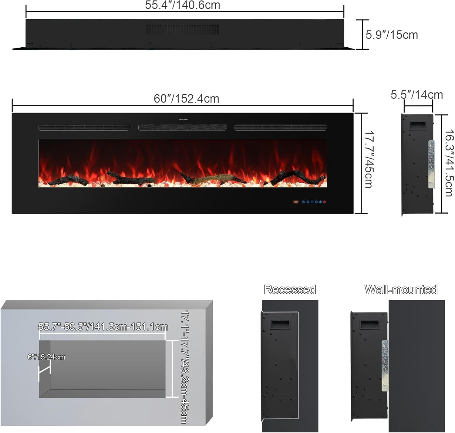 60” Wall Mounted Electric Fireplace Heater LED Fire 13 Flame Remote Timer