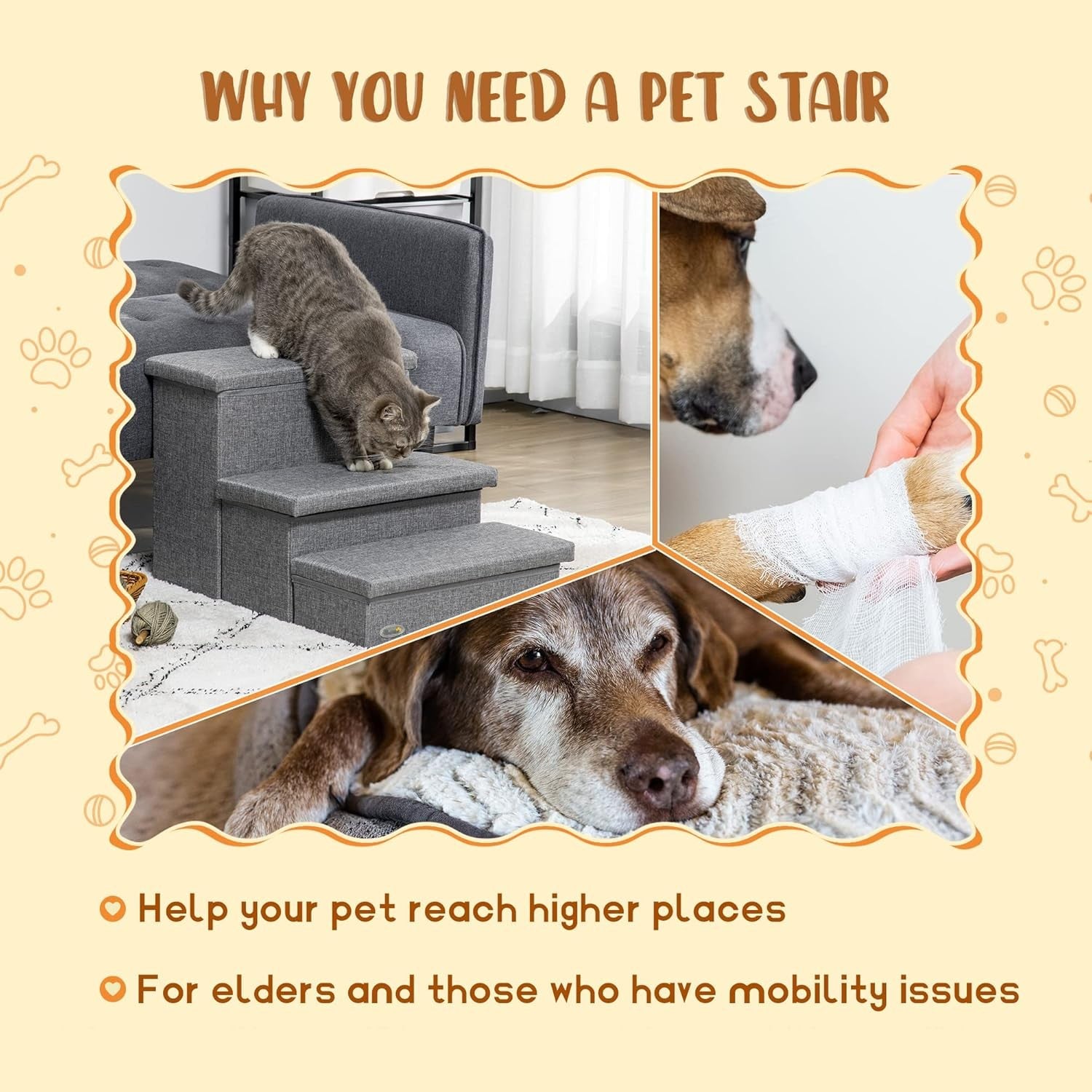 Light Grey 3 Step Dog Stairs with Storage Boxes Pet Steps 63.5cm
