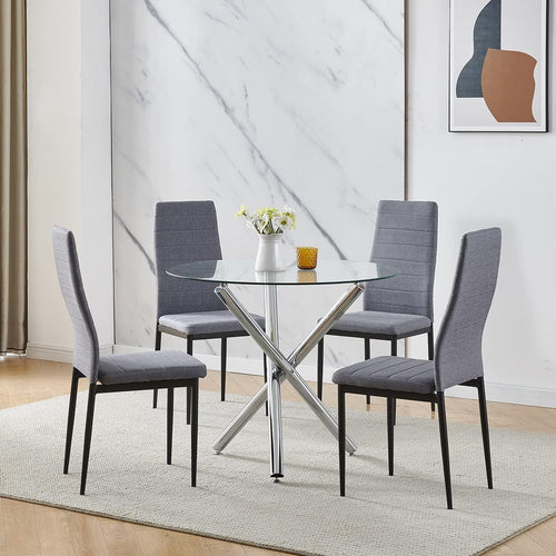 Round Glass Dining Table Set 4 Grey Velvet Chairs | Compact Kitchen Set