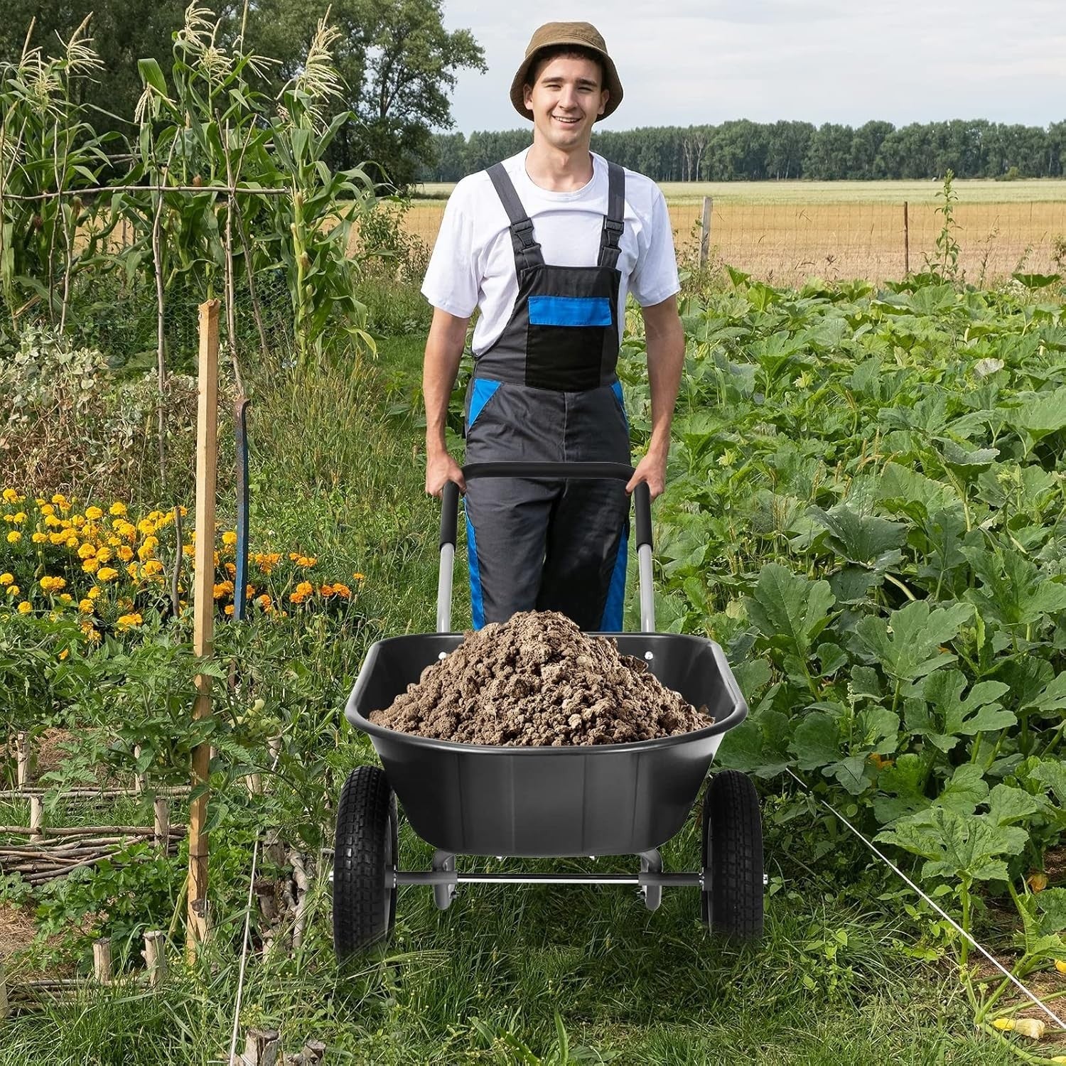 150kg 2-Wheel Garden Black Wheelbarrow – Pneumatic Tyres Heavy Duty Steel Frame