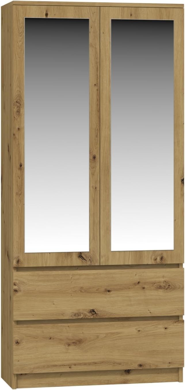 Modern Mirrored Double Wardrobe with Drawers – Oak Finish 2 Door