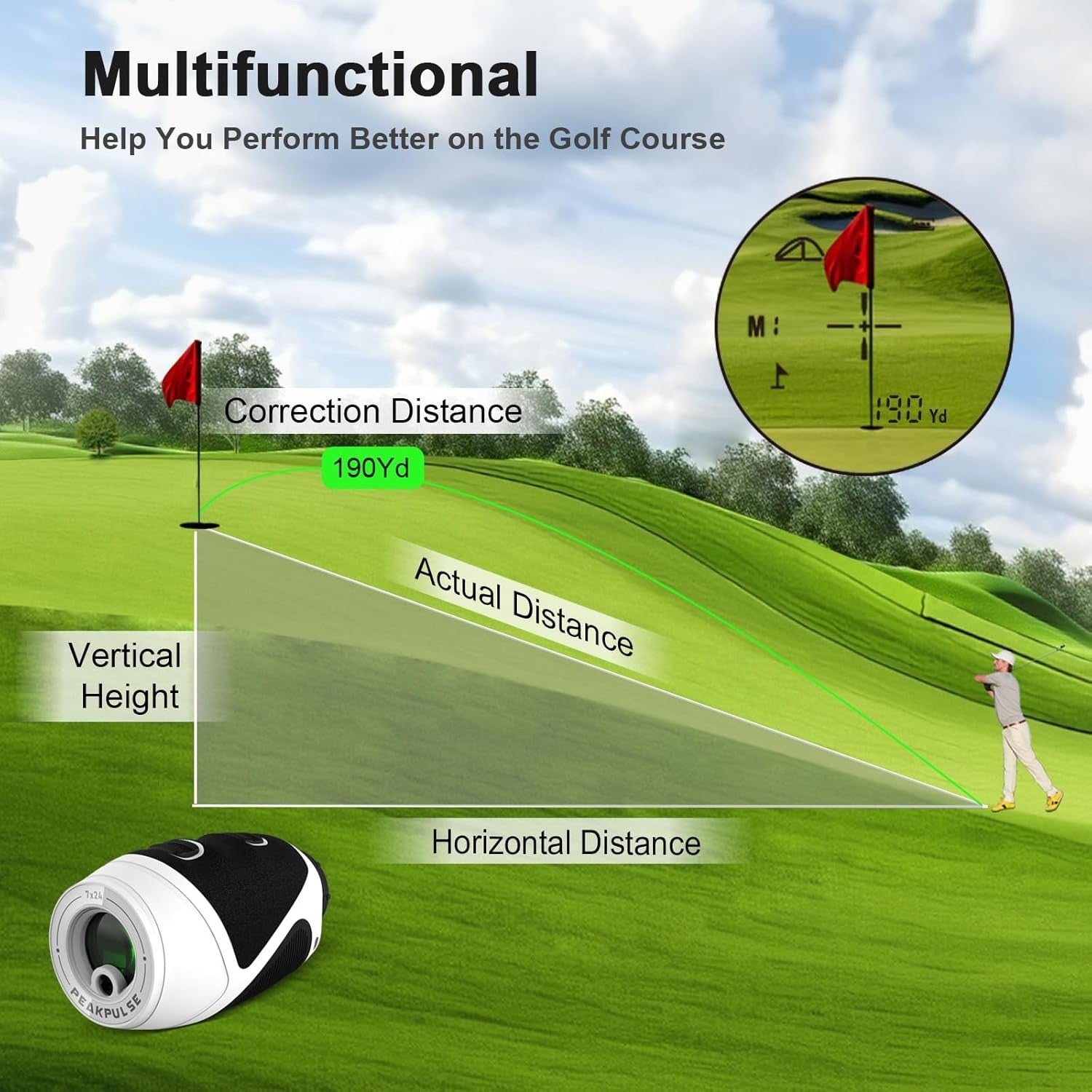 Golf Range Finder 1200 Yards Slope Flag Lock 7X Magnification Rechargeable