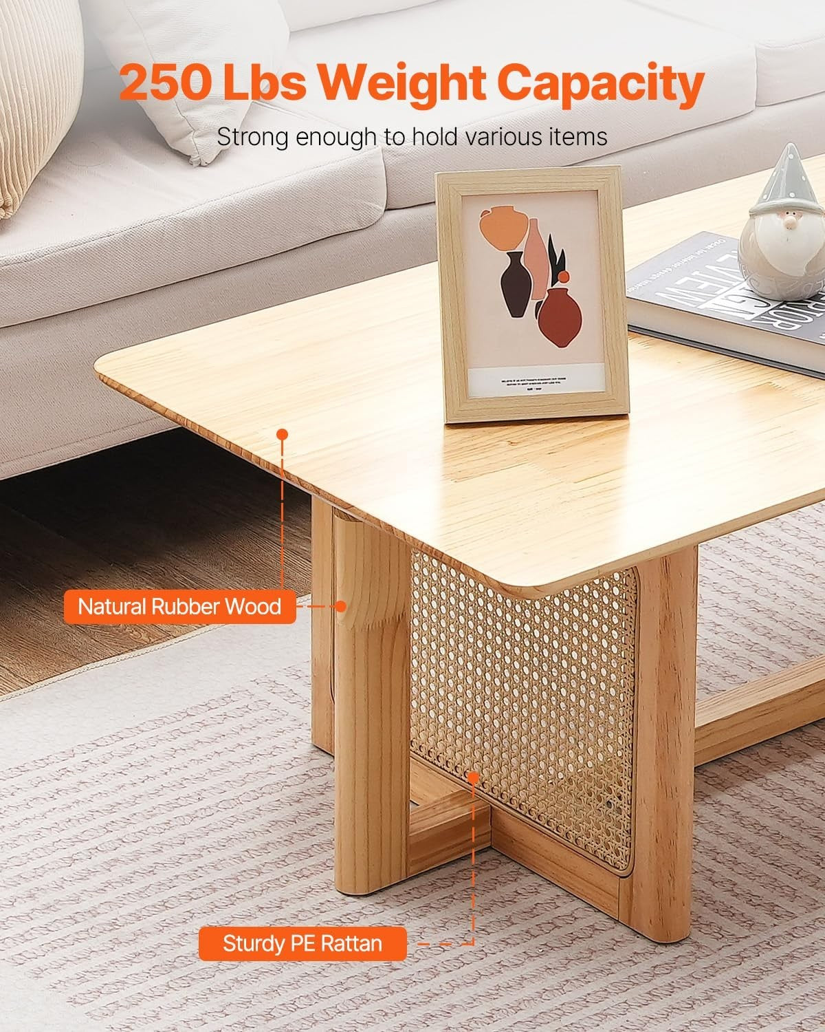 Boho Rattan Coffee Table Rectangular Wood Top 120cm Modern Storage Living Room