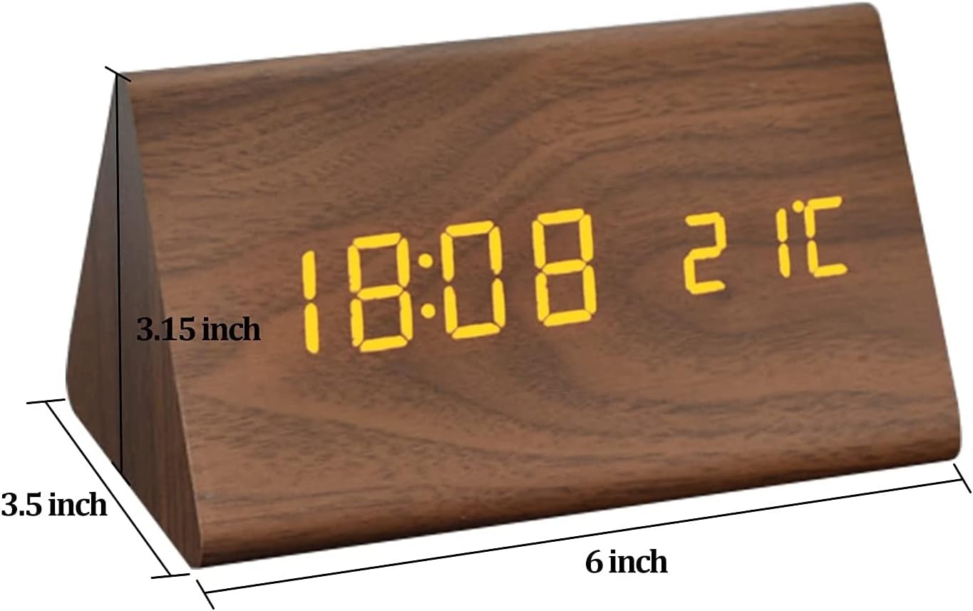Wooden LED Digital Alarm Clock Silent Bedside Snooze Temperature Display