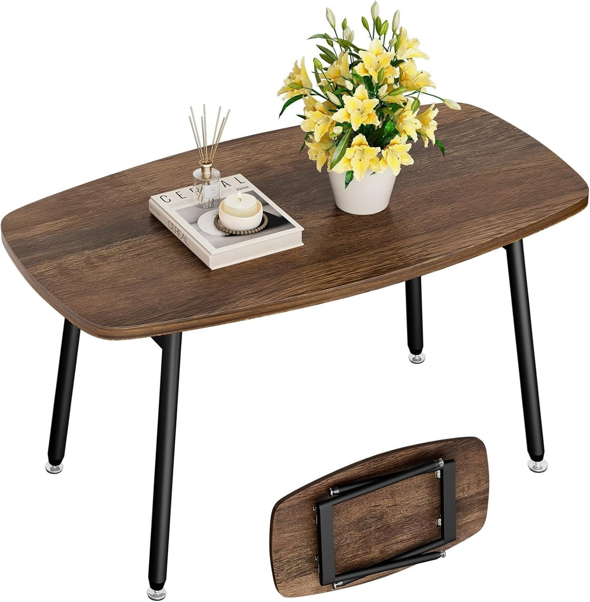 Rustic Folding Coffee Table for Small Spaces, Portable Walnut 80x40cm