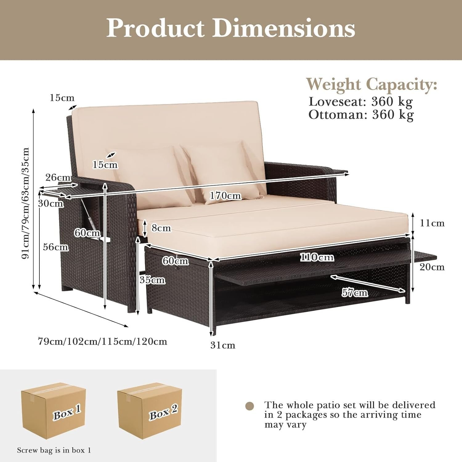 Beige+Brown 2-Seater Rattan Daybed Outdoor with Adjustable Back & Ottoman