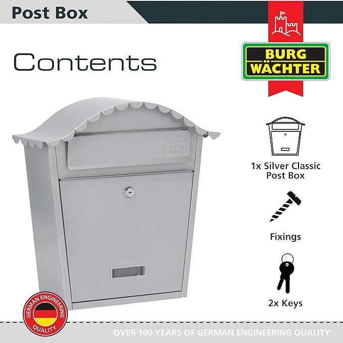 Secure Wall Mounted Lockable Post Box Silver Steel Weatherproof 36x37x13cm