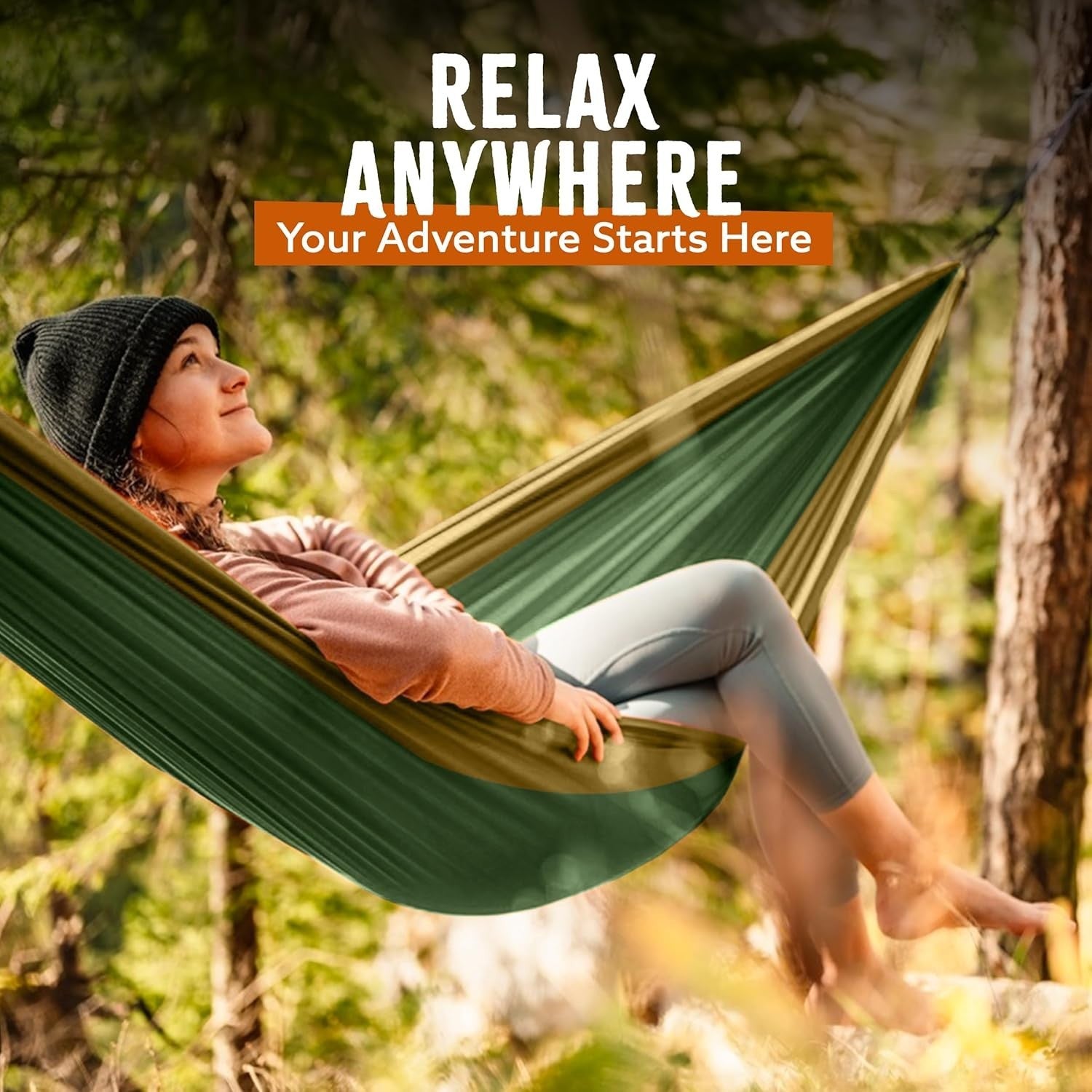 Ultralight Camping Hammock Green/Khaki | 300kg Load, Tree Straps & Carabiners