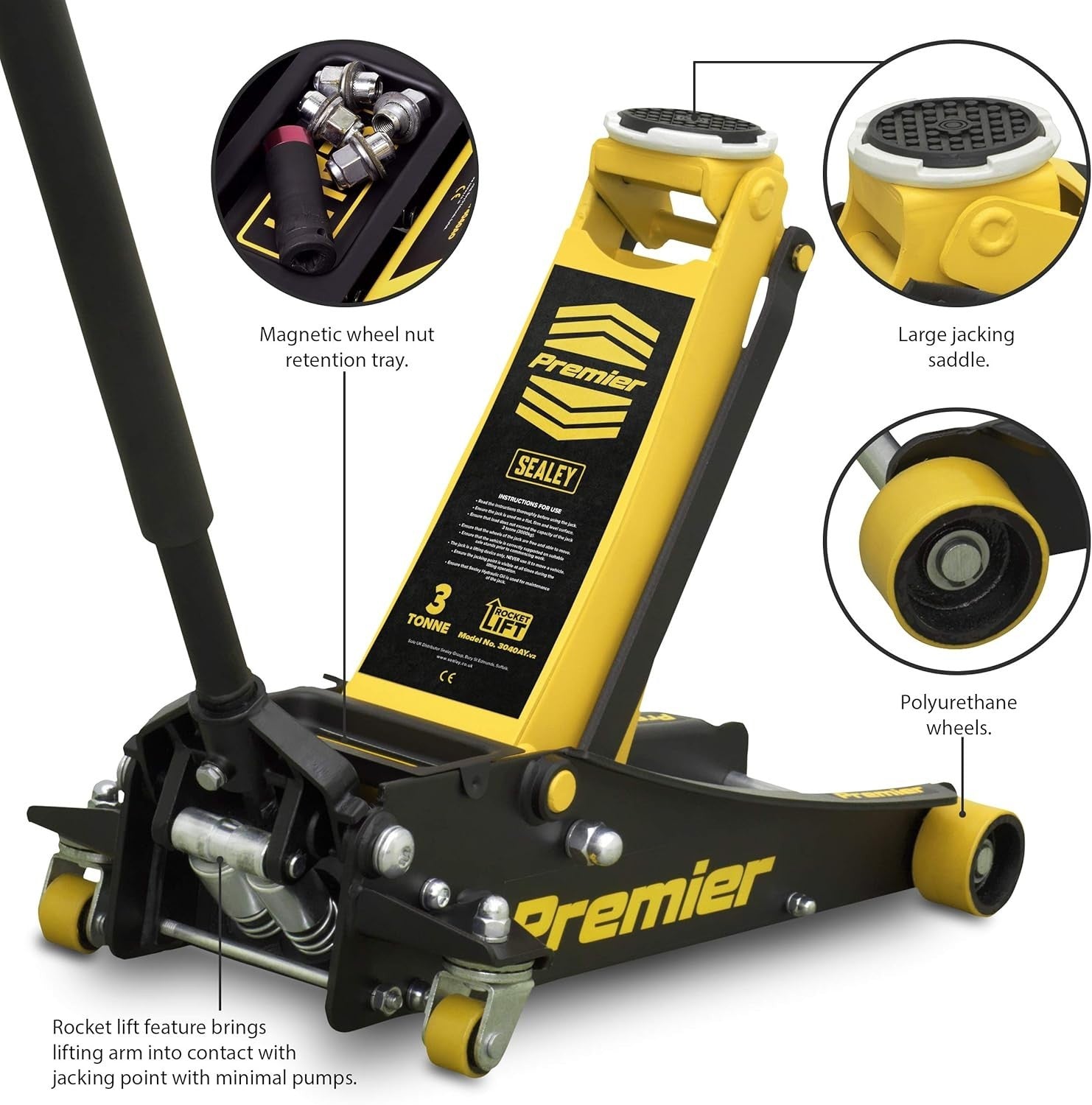 3 Ton Low Profile Trolley Jack Rocket Lift Heavy Duty Car Jack 100–533mm Yellow