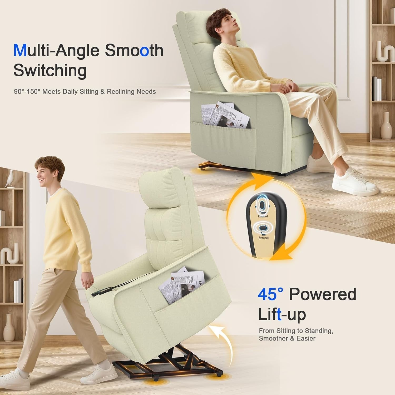 Beige Power Lift Recliner Chair Elderly Massage Heat Faux Leather Footrest