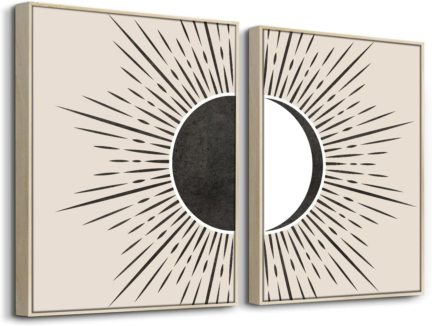 Boho Sun Moon Wall Art Framed Beige Abstract Canvas