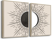 Boho Sun Moon Wall Art Framed Beige Abstract Canvas