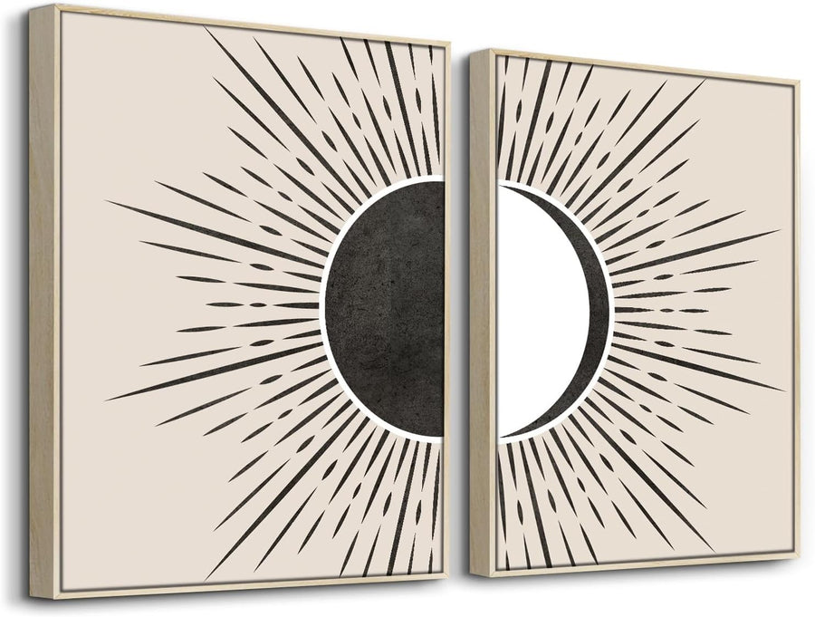 Boho Sun Moon Wall Art Framed Beige Abstract Canvas