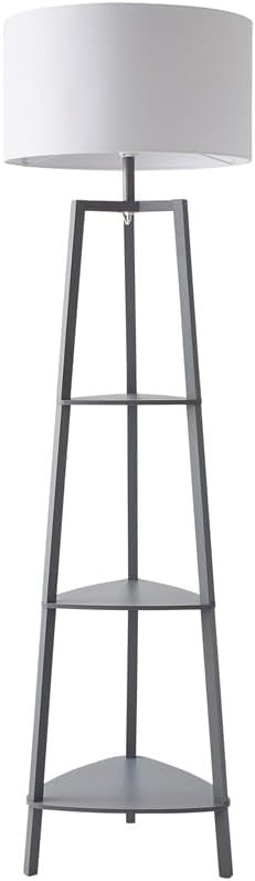 Modern Grey 3 Tier Floor Lamp with Shelves & White Shade | 156cm Wood Light