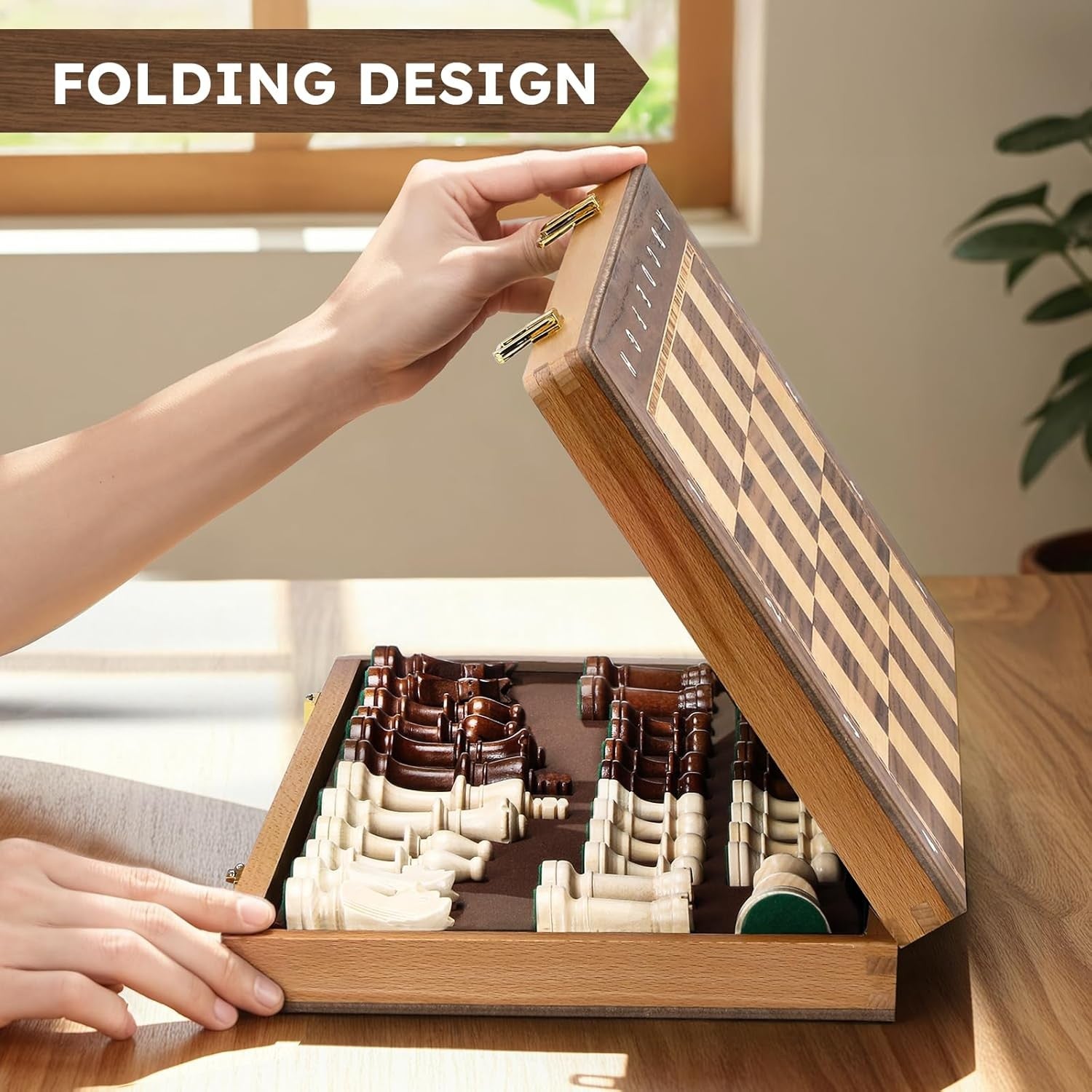 Large 19" Wooden Chess Set Foldable Tournament Board Weighted Pieces Extra Queen