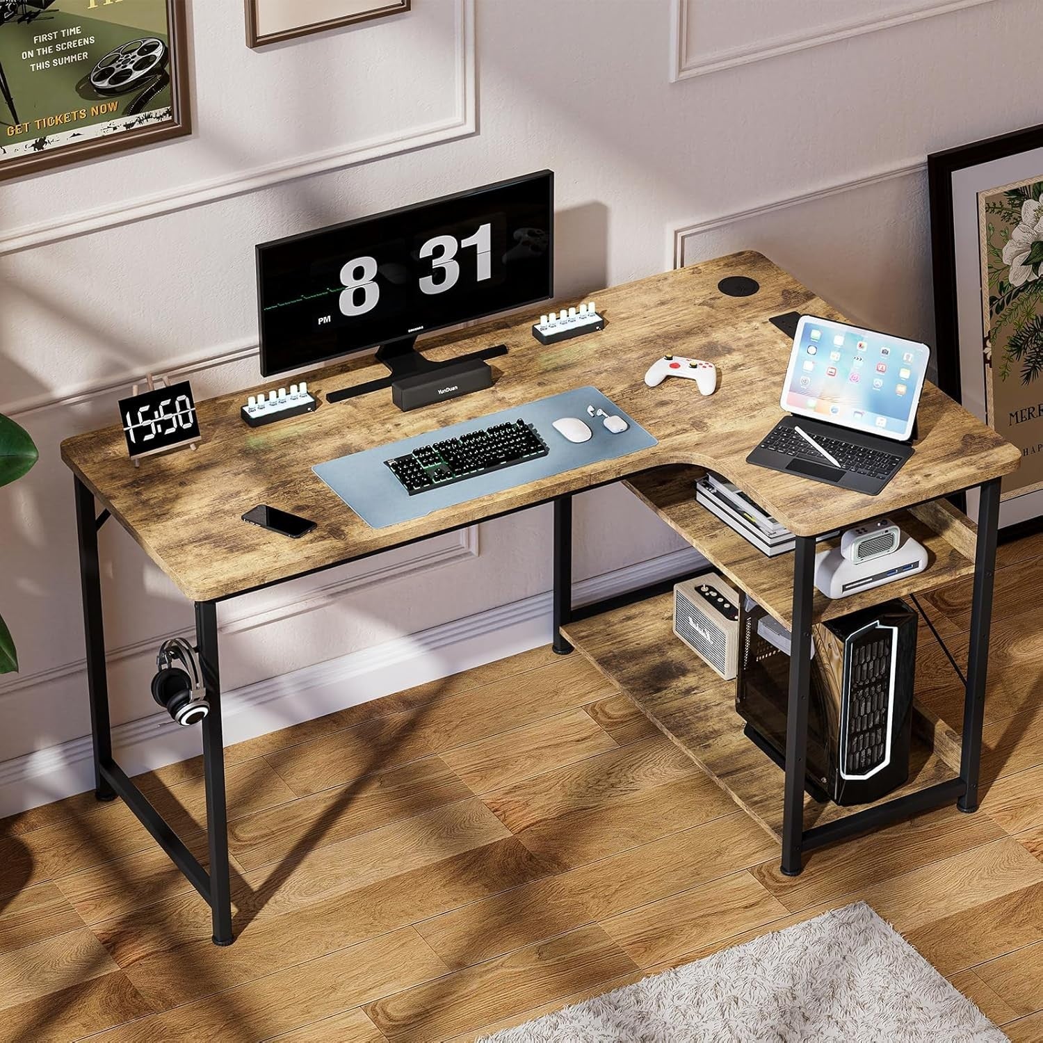 Brown L Shaped Desk with USB Ports 110x80cm Corner Workstation & Shelves