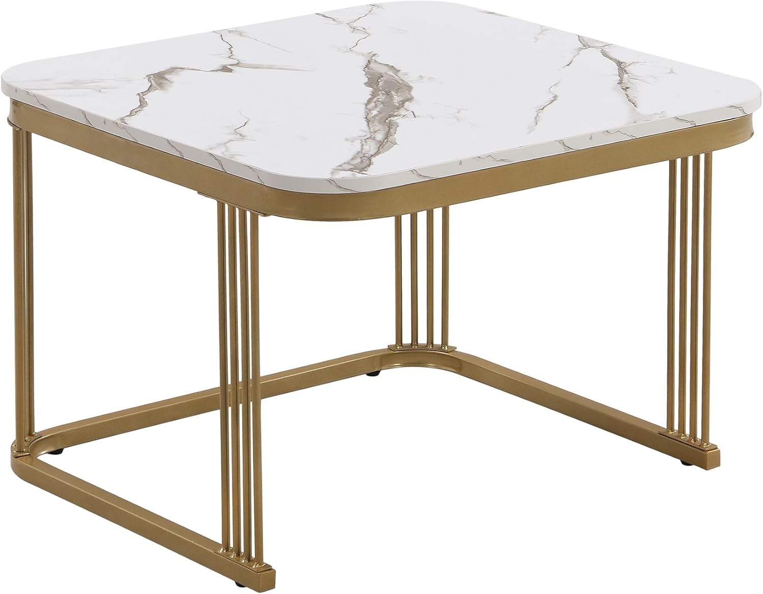 Square White Marble Nesting Coffee Table Set with Drawer – Gold Legs, Modern