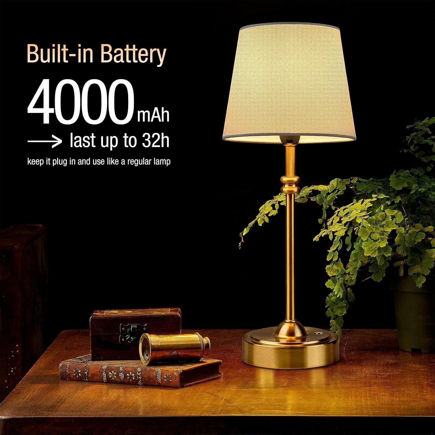 Rechargeable Cordless Table Lamp Touch Dimmable Gold Fabric Shade 40cm