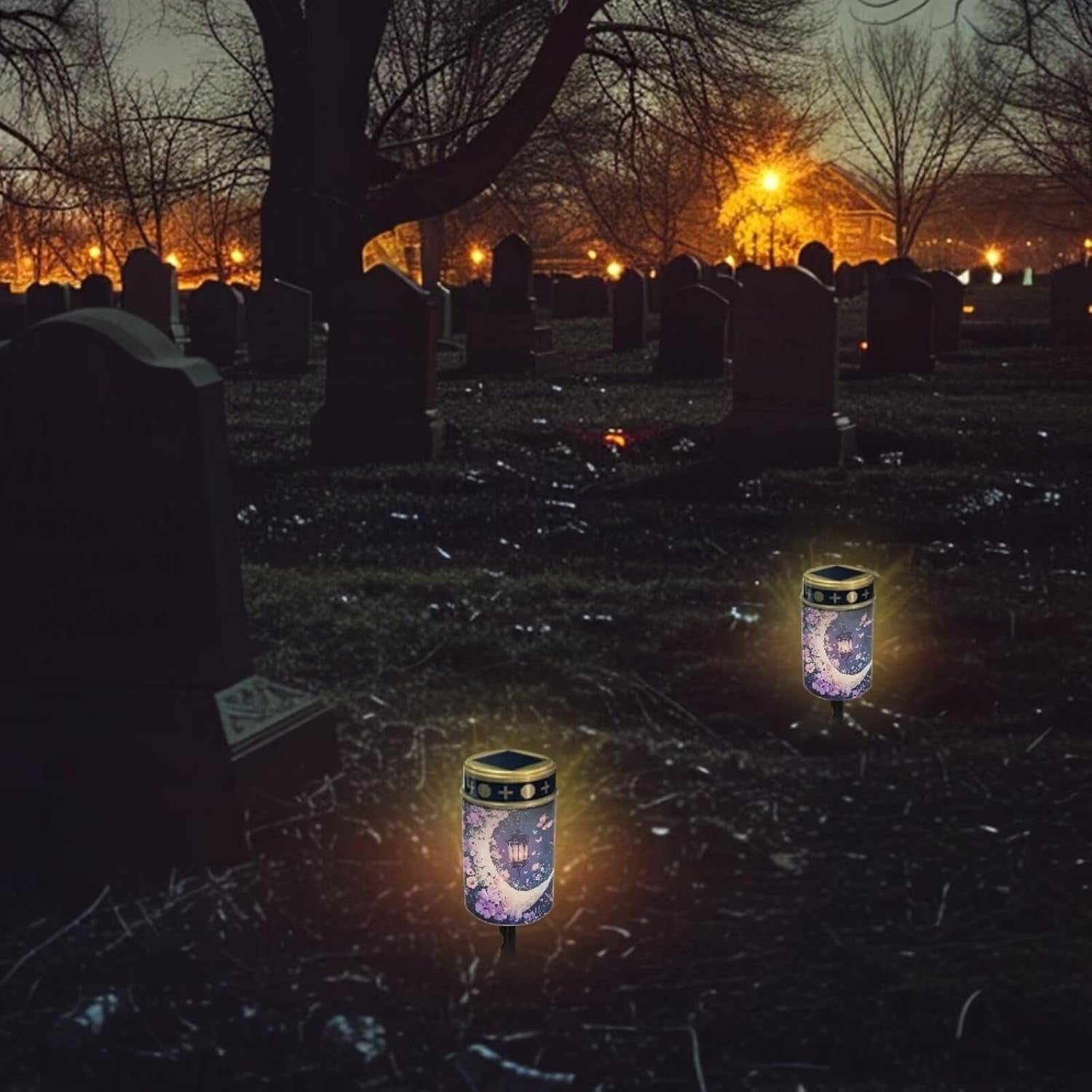 Moon Solar Cemetery Lights Purple Floral Grave Lanterns 8 Sets