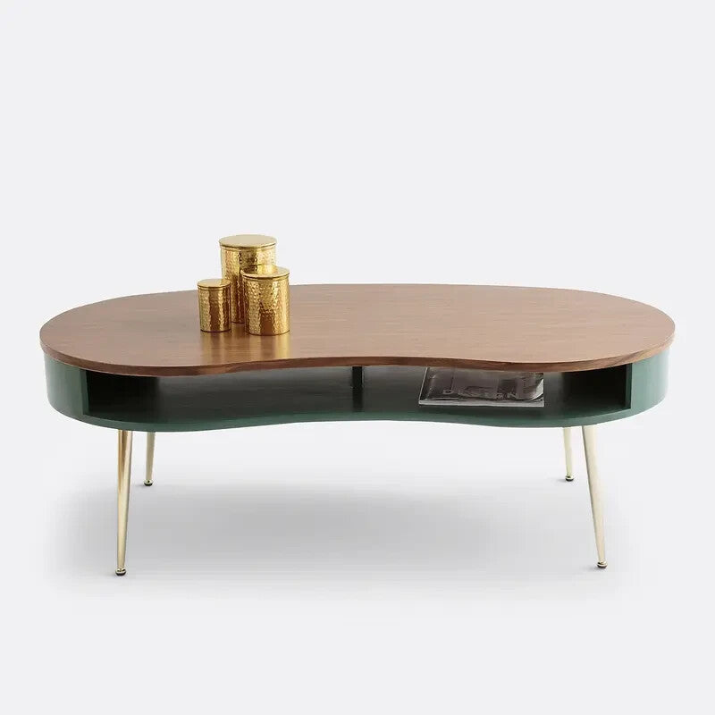 120cm Oval Walnut Coffee Table with Storage Compartments & Brass Legs