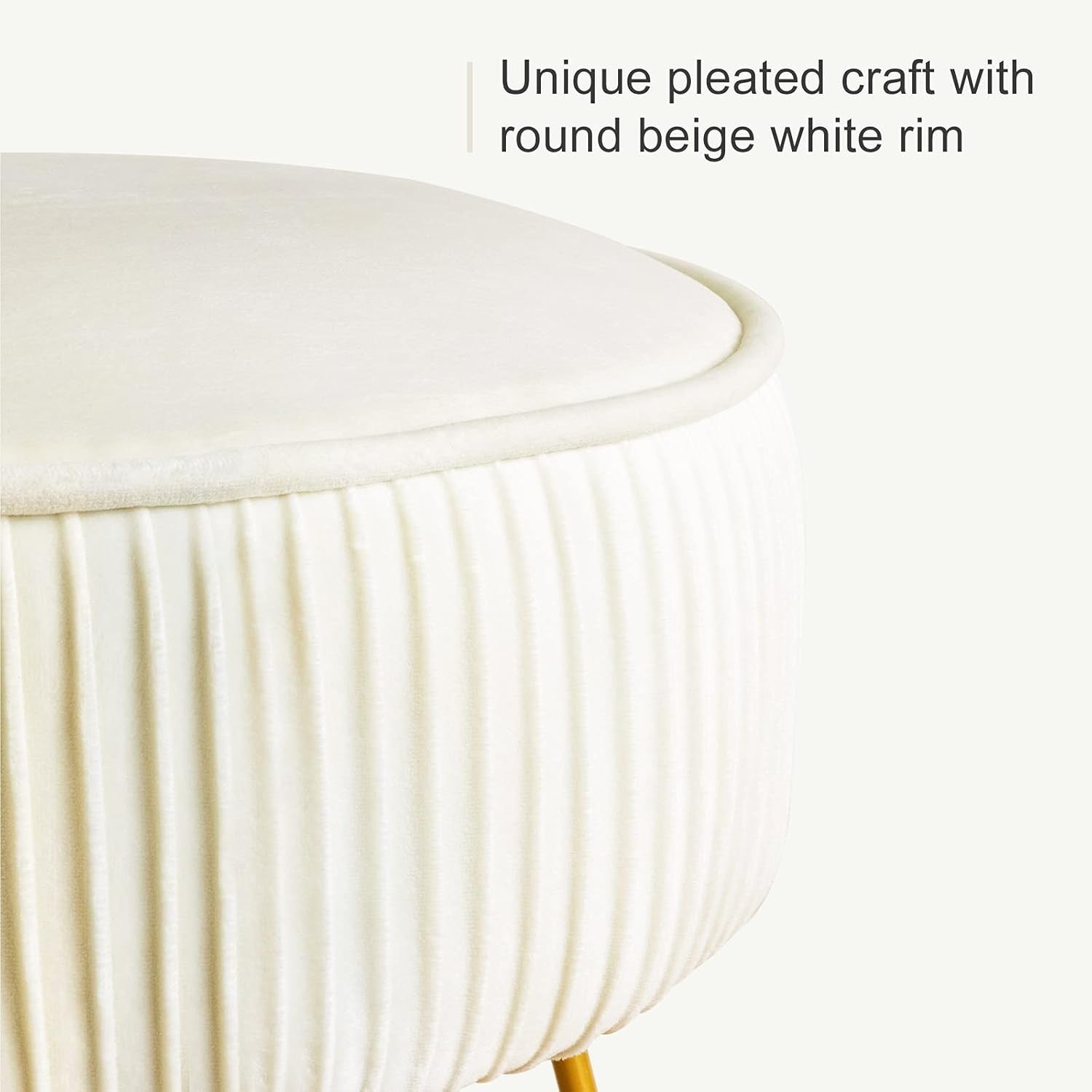 White Velvet Pleated Vanity Stool Round Ottoman with Gold Steel Legs