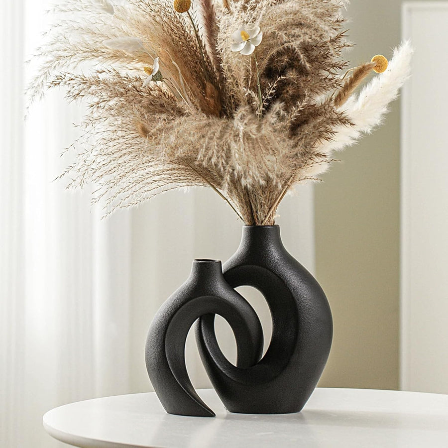 Matte Black Ceramic Vase Set of 2 Nordic Boho Pampas Flower Home Decor
