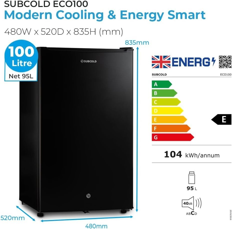 95L Under-Counter Fridge LED Lock & Key Energy Efficient Black