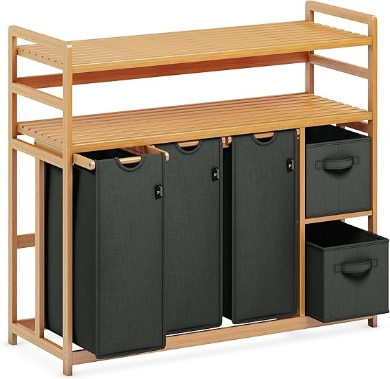 190L Bamboo Laundry Sorter with 3 Hampers, 2 Drawers & Dual Shelves – Dark Grey