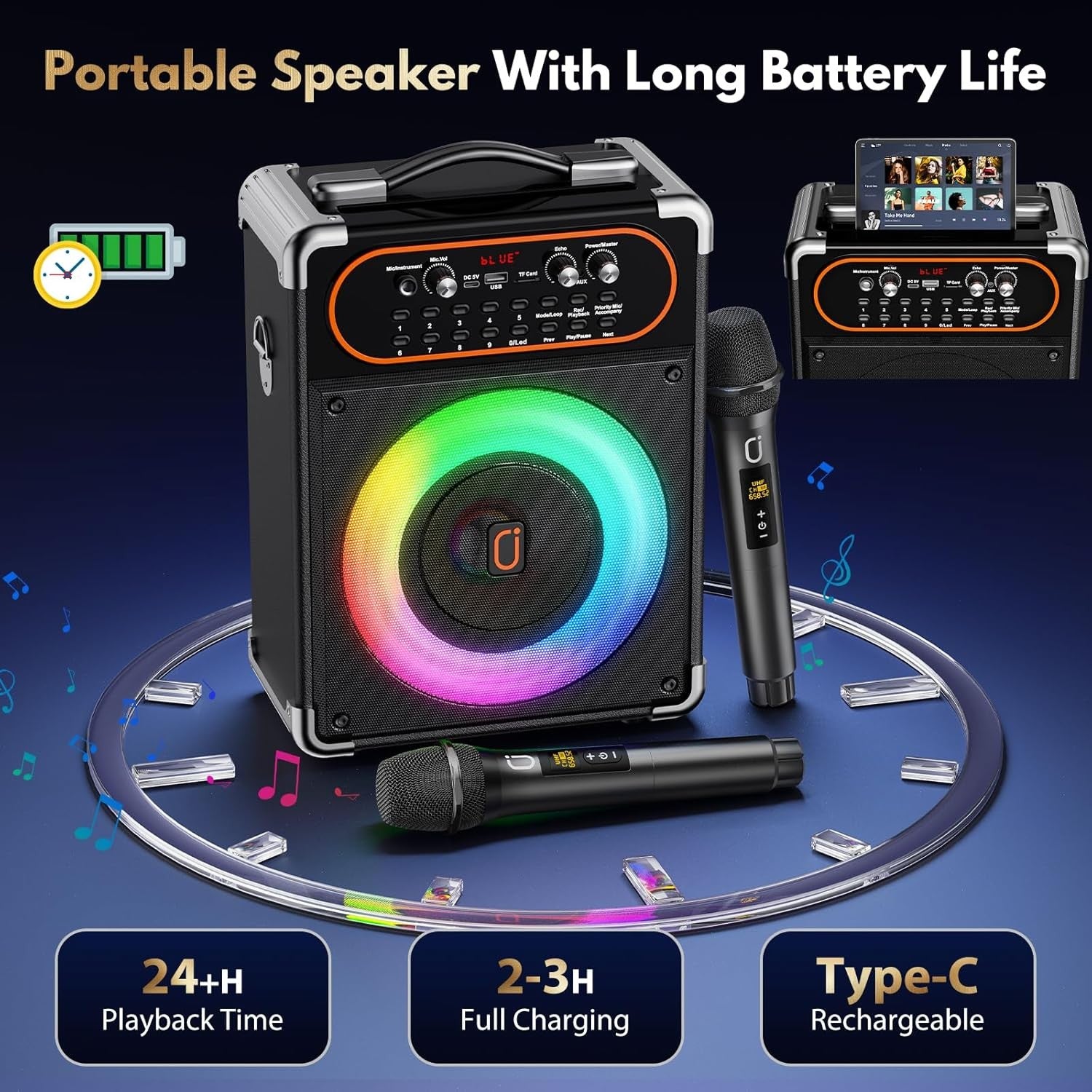 Portable Karaoke Machine Bluetooth 2 Mics PA Speaker Echo Outdoor Party