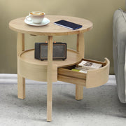 Solid Oak Round Coffee Table with Drawer – 50x40x50cm 2-Tier Storage